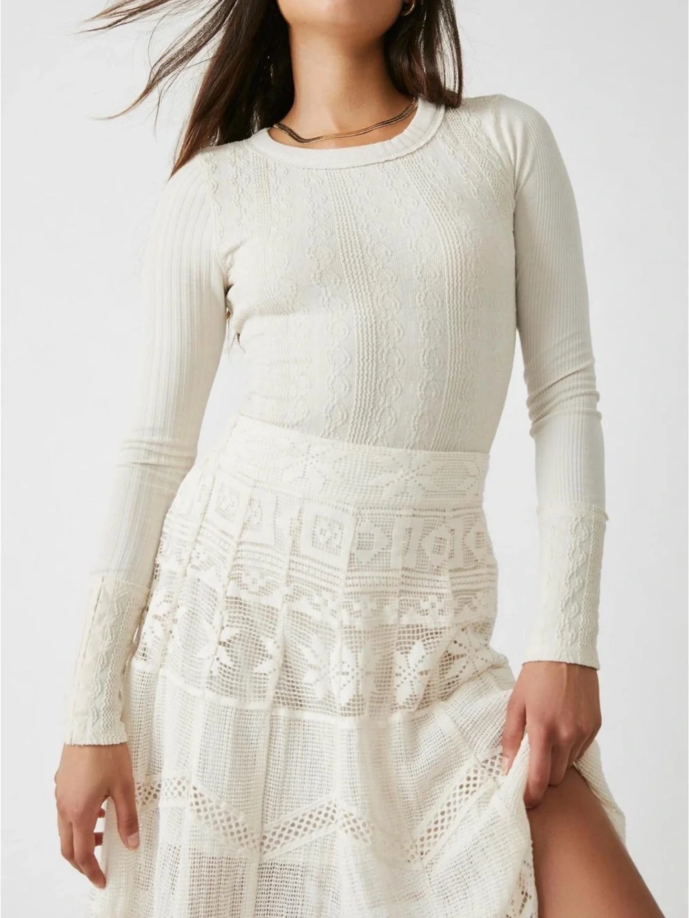 Free People Cream Cable Knit Long-Sleeve Bodysuit